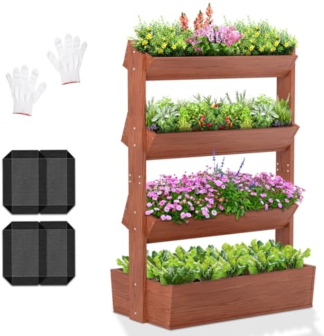 Vertikales Holz Hochbeet mit 4 Etagen Premium Blumenkasten, Frei stehender Blumentreppe Pflanztreppe Gemüsebeet Kräuterbeet Blumenbeet Pflanzkasten für Kräuter, Gemüse, Blumen
