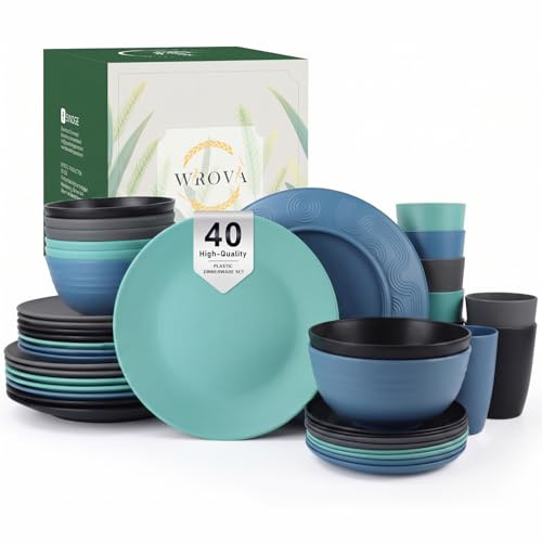 Wrova Reusable Plastic Dinner Set 40 PCS Plastic Plates Set - Service for 8 Unbreakable Plates and Bowls Sets - Dinner Plate, Dessert Plates, Cereal Bowls, Drinking Cups Microwave Plate - Black&Blue