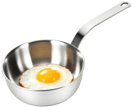 JIUCHAOTONG Mini Egg Pan, 5 Inch 304 Stainless Steel Omelet Pan, Non-Stick Single Egg Frying Pan, Portable Butter Warmer with Pour Spout for Kitchen & Camping（Silvery）