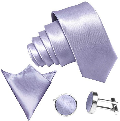 GASSANI 3-SET Krawattenset, 8,5Cm Breite Hell-Violette Herren-Krawatte Schmal Manschettenknöpfe Ein-Stecktuch, Bräutigam Hochzeitskrawatte Glänzend