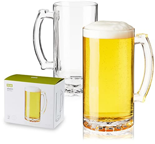 TRUE Extra Large Glass Beer Mugs with Handles, Thick Drinking Glasses Set for Pilsner Stout IPA and Root Beers, Stein Mug, Home Bar, 26 oz, Set of 2