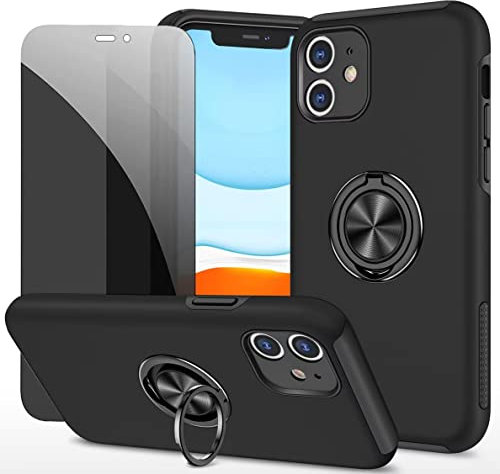 Dechyi Anti-Spähen hülle für iPhone 11 Schwarz Handyhülle mit Sichtschutz aus gehärtetem Glas Displayschutzfolie mit Ringhalterung stoßfest, Kratzfest PC-Silikon strapazierfähig Schutzhülle