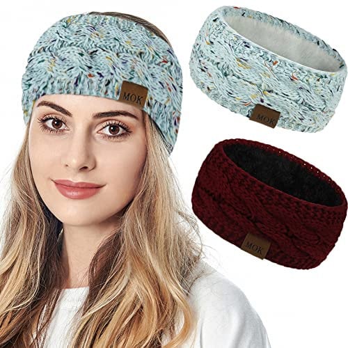 JFAN Stirnband Damen Winter Gestricktes Haarbänder Flauschig Weicher Ohrwärmer 2 Stück Farbig blau+rot