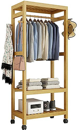Kleiderständer, Garderobenständer Bambus Garderobe Rollen auf 4 Rollen, Offener Kleiderschrank mit Schuhablage, offene Garderobe für Schlafzimmer Eingangsbereich Flur