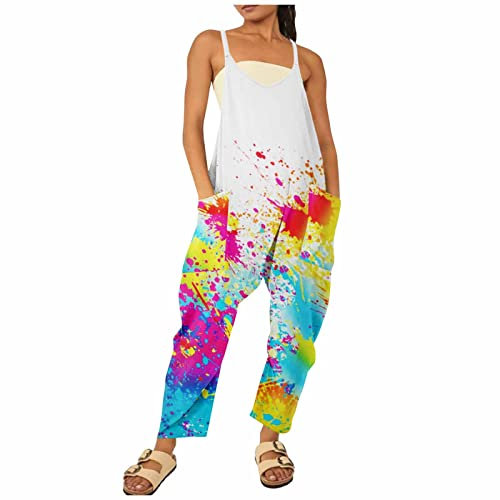 Bluelucon Salopette da lavoro, da donna, con gamba larga, grande tasca, oversize, tinta unita, con tasche, tuta da donna, bianco, S