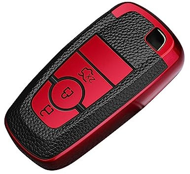 KUNIO Schlüsselhülle Passt für Ford Mondeo Mustang Explorer EcoSport S-Max Ranger Fiesta F150 F250 TPU Leder-Textur Schlüsseletui Autoschlüssel Hülle Schlüsselschutz 3 Tasten Rot