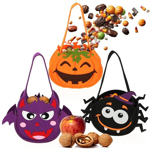 com-four® 3x Halloween Tasche - Beutel zum Sammeln von Süßigkeiten - Sammeltasche aus Filz - Geschenktasche mit kinderfreundlichen Gruselmotiven (03 Stück - 3 Motive)