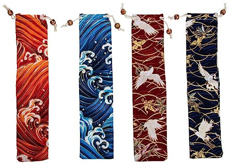 Luxshiny Chopsticks and Spoon Storage Bag - Japanese Style Cutlery Pouch for Picnic and Outdoor Use Compact Drawstring Design Assorted Colors 4Pcs
