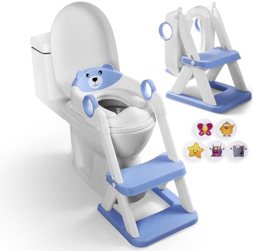 EzyWay Potty Training Seat with Training Stickers, Upgraded Toddler Toilet Seat for Kids Boys & Girls, 2 in 1 Potty Training Toilet for Kids with Splash Guard Anti-Slip Pad Step Stool (Blue)