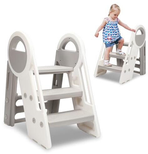 Jopassy Kinder Tritthocker 2 Stufen - 3 Stufen Höhenverstellbar, Hocker Kinder mit Handhaben, Tritt-Schemel Kinderschemel für Baby, Faltbar kinderhocker für Küche, Kinderzimmer und Badezimmer, Grau