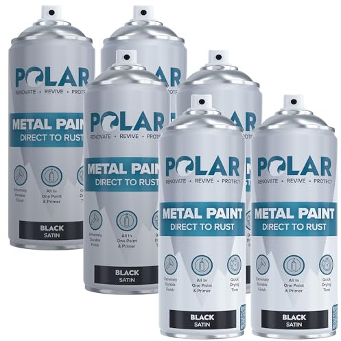 Polar Direct to Rust Satin Black Metal Spray Paint - 6 x 400ml - Perfect for Metal, Wood, Furniture, Rust - Outdoor & Indoor Surfaces - Easy to Apply - 3 in 1 Primer, Undercoat & Topcoat