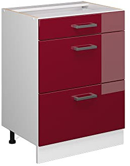 Vicco Unterschrank R-Line, Bordeaux Hochglanz/Weiß, 60 cm mit Schubladen, ohne Arbeitsplatte