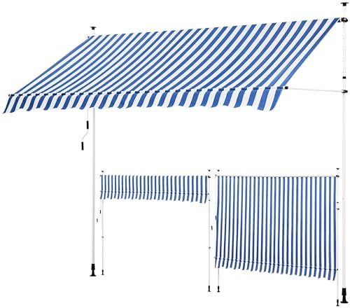 Yaheetech Klemmmarkise 300cm Breit, Balkonmarkise mit Handkurbel ohne Bohren, UV-beständig & Höhenverstellbar (210-300cm) Markise, Wasserabweisend & Sonnenschutz Markise Balkon, Blau-Weiß