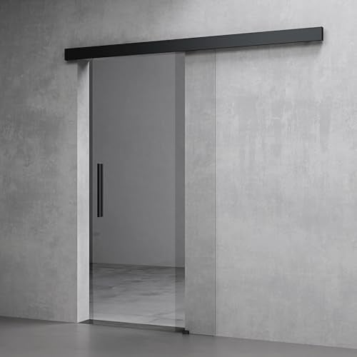 Mai & Mai Glasschiebetür komplettset Schwarz Klarglas | Griffart: Stangengriff, BxH: 102.5x205cm, 25 mm Wandabstand, 8mm ESG-Sicherheitsglas