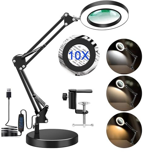 KLGFI 10X Lupe mit Licht und Ständer, 2-in-1 LED Lupenleuchte Lupenlampe mit Schwenkarm, Tischlampe mit 3 Farbmodi 10 Helligkeitsstufen zum Lesen Handwerk Reparatur Werkbank (Schwarz, Mit Sockel)