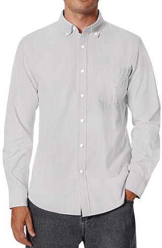 siliteelon Men's Oxford Shirt Long Sleeve Smart Casual Plain Regualr Fit Button Down Shirts with Pockt Light Grey XL