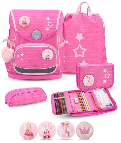 Belmil Premium Compact Plus ergonomisches Schulranzen Set 5 - teilig, AGR, Brustgurt, Hüftgurt, Magnetverschluss (405-41/P/S) (Candy 2)