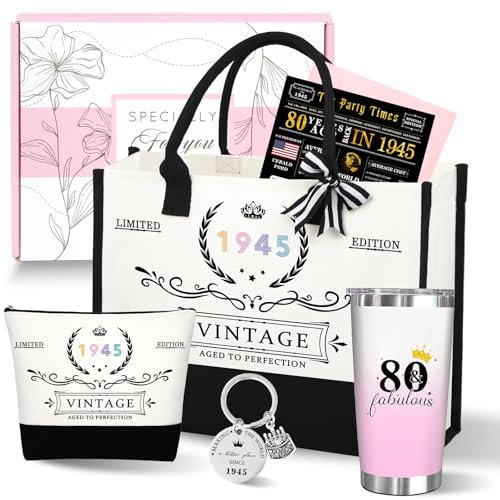 80th Birthday Canvas Tote Bag & Cup Gift Basket - 1945 Fabulous Present for Mom, Sister, Wife, Grandma