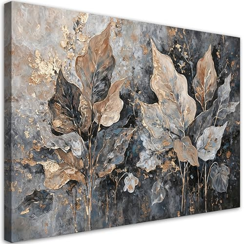 Feeby Leinwandbilder - Deko Bilder - Blätter Glamour Stil Gold Grau - Canvas 120x80 cm XXL 1tlg- Wandbilder Schlafzimmer - Aesthetic Room Decor - Modern Wanddeko - Bild auf Leinwand - Fertig Gespannd