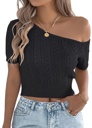 FEOYA Femmes T-Shirt Épaules Dénudées Chemisier Casual Manches Courtes Top Blouse Pull en Tricot Chic et Elegant Noir S
