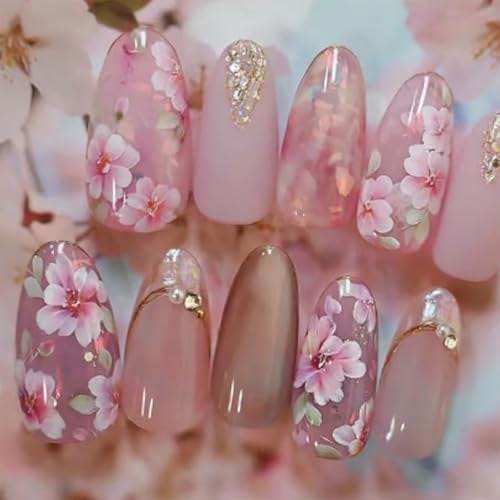 GlamRays 24 Stück Kirschblüten Aufkleber-Nägel, mittelgroße Mandel-French-Tip-Falschnägel mit Goldperlen-Design und Rosa Blumen für Frauen, Frühlingsnägel