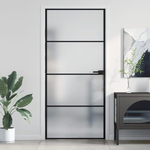 Gecheer Porta Interni Sottile Nera 93x201,5cm Vetro Temperato Alluminio,Porta da Interni,Porte Interne,Porta Interna in Vetro,Porta per Bagno Cucina Studio,P155121