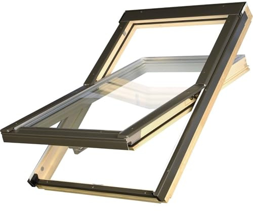 Dachfenster Set für FAKRO Gruppe | Holzfenster 78 x 118 cm | Schwingfenster 2-fach Verglasung, energieeffizient & langlebig | inkl. Eindeckrahmen Ziegel, Ebene Ziegel (bis 45mm) Dämmset + Dämmrahmen