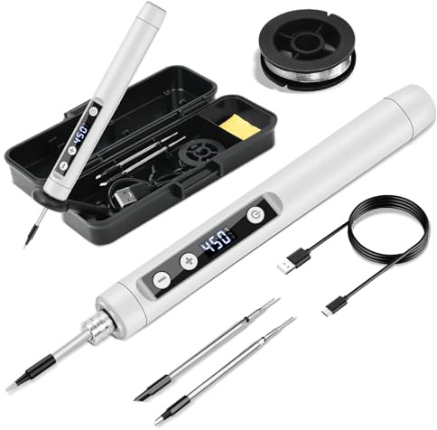 KKMOL Lötkolben Akku, USB Lötkolben Set mit LCD, Temperatur Einstellbare 180 ℃-450 ℃,3 Lötspitzen, Lötkolbenständer, Lötdraht, KKMOL Professionelles Löt- und Reparaturset – Weiß