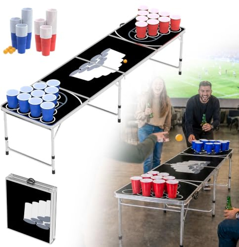 UISEBRT Bierpong Tisch 242cm Klappbar höhenverstellbar Aluminium Rahmen MDF wasserdicht inkl. 100 Becher & 5 Bälle Tragbar Koffer-Design für Party Garten Camping