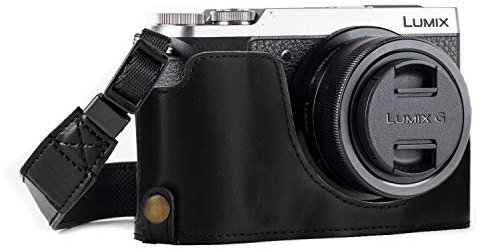 MegaGear MG972 Etui avec Bandoulière/Accès Batterie en Cuir pour Appareil Photo Panasonic Lumix DMC-GX85/GX80 Noir