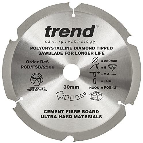 Trend PCD Fibre Cement Circular Saw Blade, 250mm Diameter, 30mm Bore, 6 Teeth, 2.4mm Kerf, +12° Hook, PCD, Coarse Finish, PCD/FSB/2506