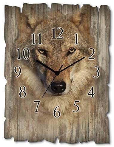 ARTLAND Wanddeko Wanduhr ohne Tickgeräusche aus Holz Quarzuhr 30x40 cm Rechteckig Lautlos Wolf Tiere Wald Nordisch Ländlich T1DQ