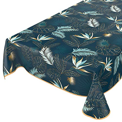 ANRO Wachstuchtischdecke abwaschbar Garten Tischdecke Wachstuch Rund Oval Eckig Indoor Outdoor Blätter Gold Blau 280x140cm mit Saum - Eingefasst