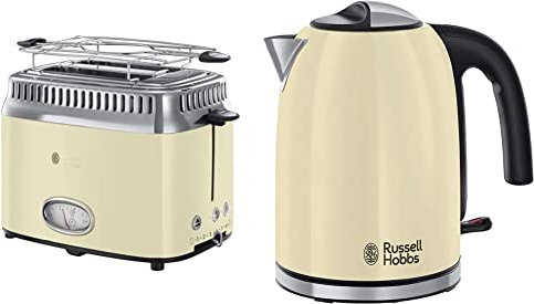 Russell Hobbs Toaster Retro creme, Retro Countdown-Anzeige, inkl. Brötchenaufsatz, 1300W & Wasserkocher Colours+ Creme, 1,7l, 2400W, Schnellkochfunktion, optimierte Ausgusstülle