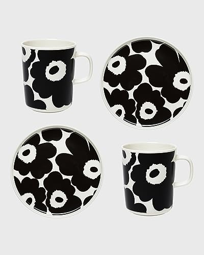 MARIMEKKO Oiva Unikko Küchengeschirr-Set (schwarz) – Steinzeug mit Blumenmuster – Teller und Becher Set mit 57 ml – 250 ml Tassen und Teller mit 20,3 cm Durchmesser