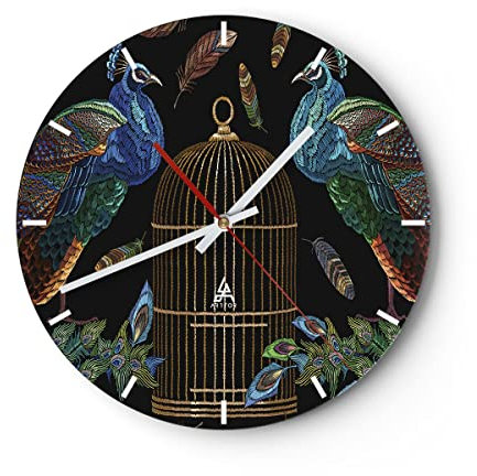 Modern Wanduhr Pfauen Gold Käfig 30x30cm Rund Klein Wand Uhr Glas Analog Zimmeruhren Küche Büro Wohnzimmer Glasuhr Wall Clock Dekoration Design Wanddekoration Küchenuhr C3AR30x30-4390