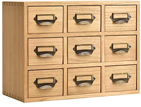 KIRIGEN Wood Storage Drawer Units Desktop Organiser Chest of Drawers Card Catalog Cabinet 9 Mini Drawers with Metal Handles for Home Office Countertop Natural (9CG-NA)