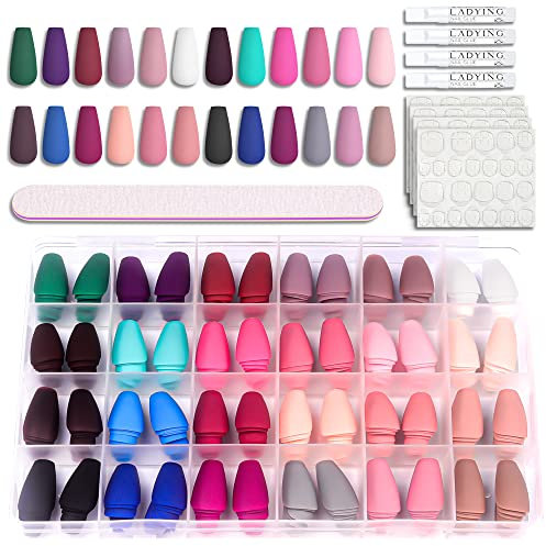 LADYING 24 Packs (576 PCS) Matte Coffin Press on Nails Kit Long,Coloured Full Cover Ballerina False Nails with Nail File,Reusable Stick on Nails for Women,Nail Art French for Fake Nail