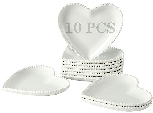 6.3 Inch Porcelain Dessert Plates Set of 10, Heart Shaped Small Dinner Plates, White Appetizer Salad Plates Serving Dishes for Cake, Snack, Ice Cream, Waffles, Microwave, Oven, Dishwasher Safe