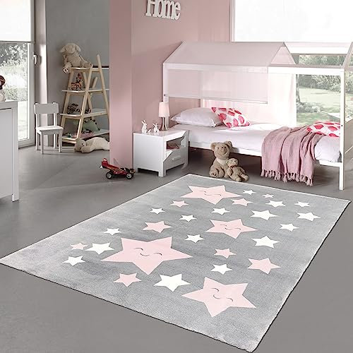 Teppich-Traum Hochflor-Teppich Kinderzimmer weich rosa weiß Sternen in anthrazit 160x230 cm