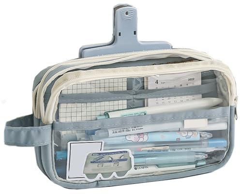 Cute Aesthetic Pencil Case, Large Capacity Canvas Pen Pouch Bag, Large Capacity Pencil Case with Multiple Pockets (Blue)
