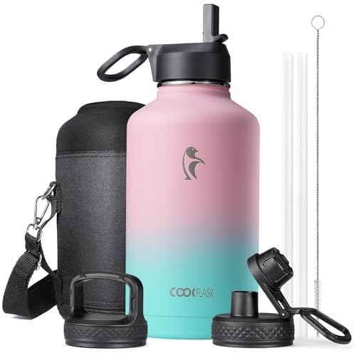 Coolflask Insulated Water Bottle 2L - 3 Lids with Straw & Spout & Handle, Leakproof Vacuum Stainless Steel Water Bottle for Sports, Travel, Gym, 48H Cold & 24H Hot, BPA Free, Ombré Pink-Blue