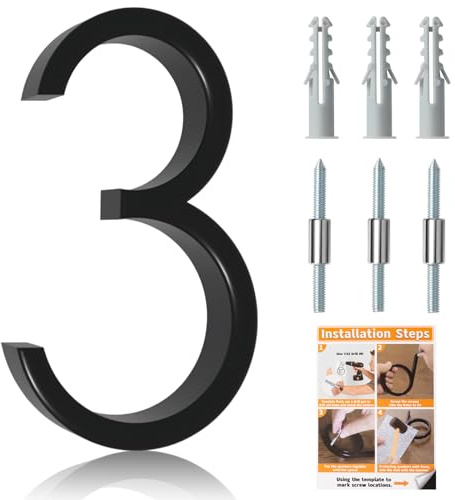 Briout 5 Floating House Numbers for Outside, Metal Modern Address Numbers for House, Zinc Alloy Anti-Rust Mailbox Numbers with Nail Kit for High-Visibility Home& Garden Door Decor, High Gloss Black (3)