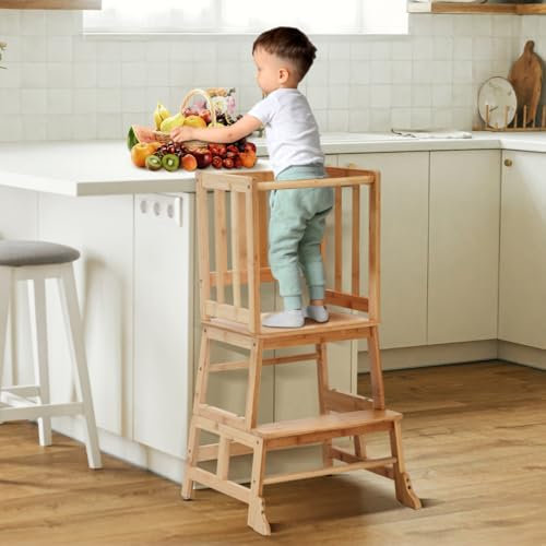 COSYLAND Lernturm ab 18 Monaten - Lernstuhl für Kinder aus Bambus - mit Kippschutz, rutschfesten Matten, 2 Stufen und Sicherheitsbügel - für Bad, Kleinkinderzimmer, Küche - Natürlich
