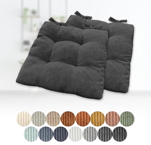 Lsjoaw 2er Set Sitzkissen 35x35x6cm Polster Auflage Gemütliche Stuhlkissen mit Bindebänder Sitzpolster Stuhlauflage Sitzpolster für Gartenstuhl Küche oder Esszimmer Quadrat Cordstoff Schwarz