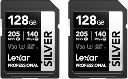 Lexar Professional SILVER SD Card 128GB 2-Pack, Up to 205MB/s Read, 140MB/s Write, SDXC UHS-I Memory Card, Class 10, U3, V30, SD Card for Professional Photographers, Videographers, Enthusiasts