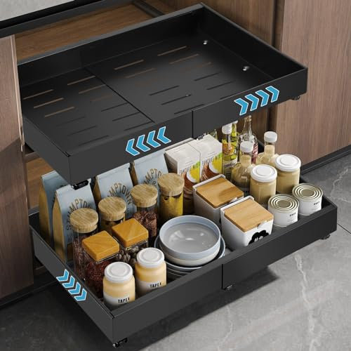Pull Out Cabinet Organizer, Extendable Slide Out Drawer Storage Shelves, Fixed with Adhesive Nano Film, Heavy Duty Pull Out Kitchen Storage Drawer for Kitchen Cupboard Bathroom, No Need Nails