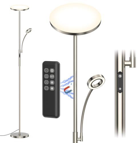 Amdelne Stehlampe LED Dimmbar, Modern Stehleuchte 30W mit flexibler 5W Leselampe, Silber Deckenfluter mit Fernbedienung, Standleuchte mit 4 Farbtemperatur für Wohnzimmer, Schlafzimmer, Büro, Hotel