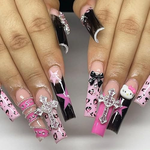 MouyouGlow Press on Nails Extrem Lang,Ballerina Rosa Kawaii Cute 3D Bow Kitty Sterne Cross Strass Perle Bow Tie Cartoon Leopard Fake Nails Kunstnägel mit Nail Glue,Gyaru Künstliche Fingernägel