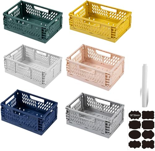 CNKHDZ 6 pack Caisse Pliable Plastique,Caisse Empilable,Boite de Rangement Pliable,Panier Rangement Plastique,Pour Cuisine,Bureau,Salle de Bain,Chambre (Six mixte, 42×28×16 cm)